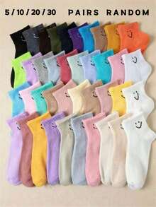 5/10/20/30 Pares Aleatórios de Meias com Padrão Facial Multicolorido, Respiráveis, Adequadas para Uso em Campus e Universidade. São portáteis, na moda, com design personalizado, adequadas para meninas, meninos e festas de campus. São essenciais para o lazer diário em casa, macias e confortáveis tanto para homens quanto para mulheres. - Multicolorido - Visão 1