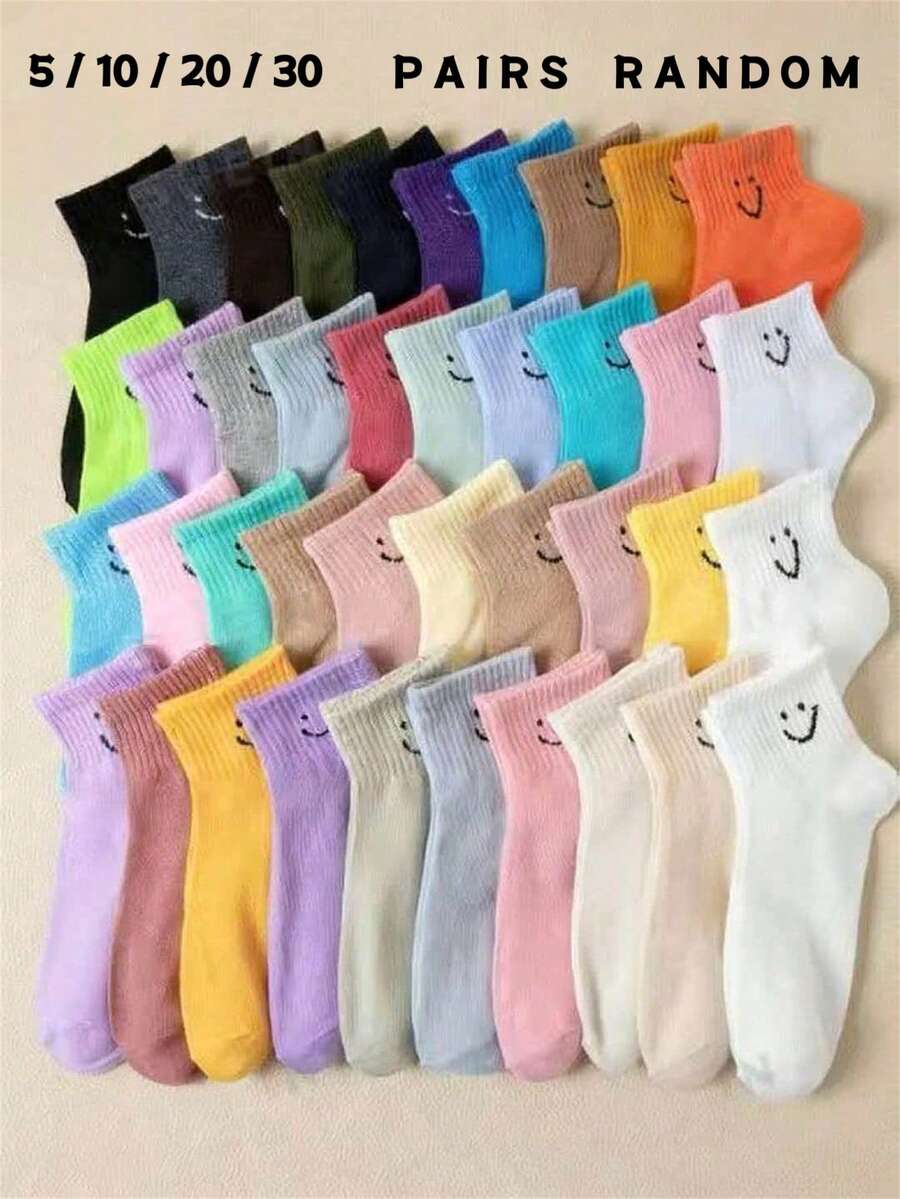 5/10/20/30 Pares Aleatórios de Meias com Padrão Facial Multicolorido, Respiráveis, Adequadas para Uso em Campus e Universidade. São portáteis, na moda, com design personalizado, adequadas para meninas, meninos e festas de campus. São essenciais para o lazer diário em casa, macias e confortáveis tanto para homens quanto para mulheres. - Multicolorido - Visão 1