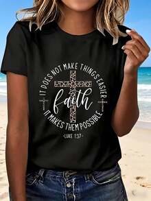 Faith Cross Leopard Print T Shirt With Religious Quote And Bible Verse For Women Casual Summer Beach Wear Perfect Gift For Christian Believers - Negro - Ver 12