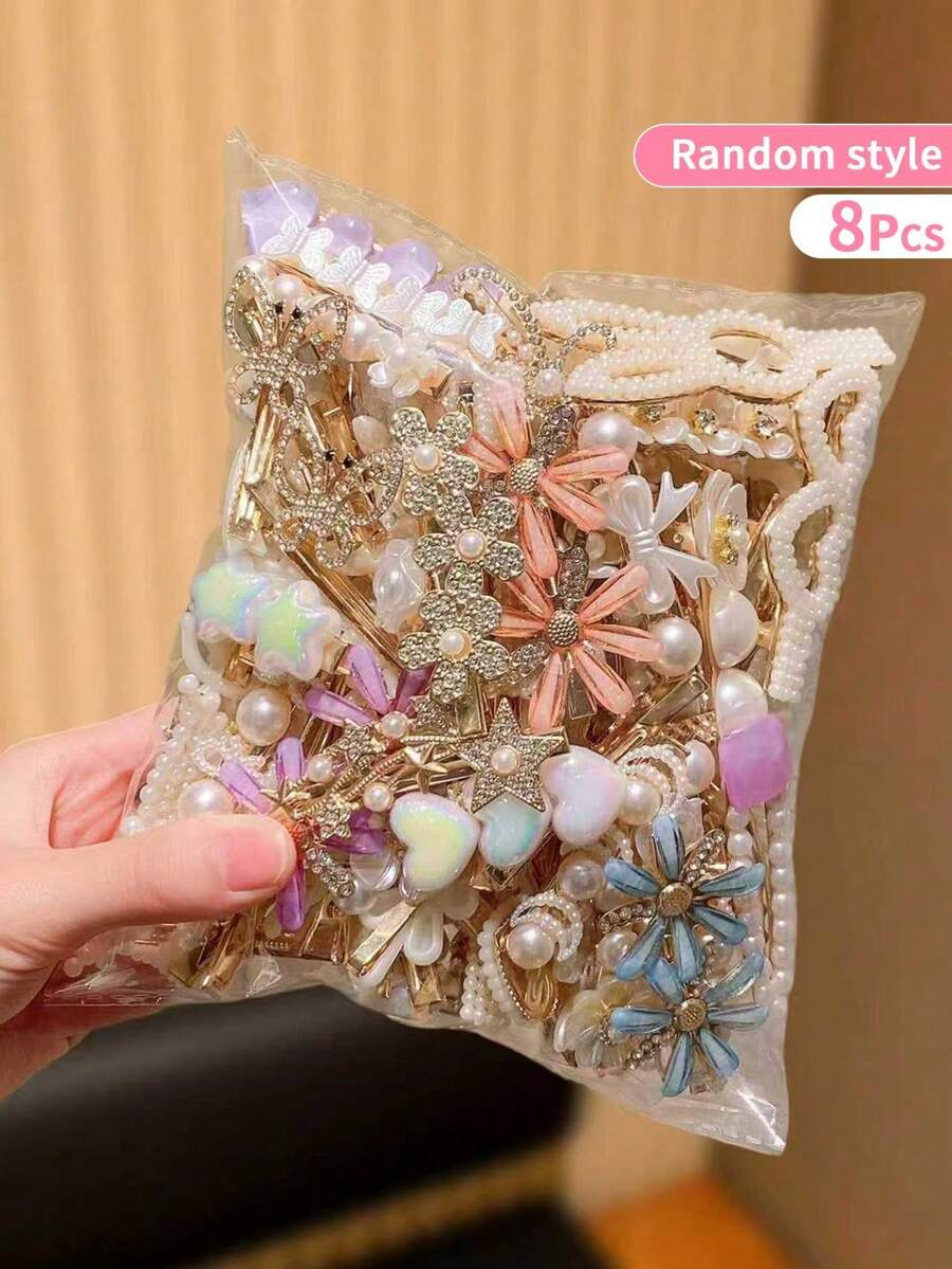 8pcs Random Multi-Color Cute Hair Clips, Containing Faux Pearl, Rhinestone, Flower, Heart, Butterfly And Other Decorative Elements, Adorable And Fashionable Minimalist Design, Best Gift For Young Girls, Suitable For Daily And Holiday Wear, Cute Accessory, Party Favor, Graduation Gift, Hair Clips For Little Young Girls, Adorable Little Things, Graduation Gift, Birthday Decor