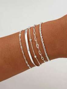 5pcs Vintage Punk Bracelet Set, Metal Chain Link Combination, Rope, Snake And Twisted Design Combination, Multi-Layer Bracelet, Daily Wear - Silver - View 4