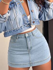 New Arrival European And American Minimalist Casual Commuting Lifting Denim Skirt For Women Summer - Light Wash - View 2