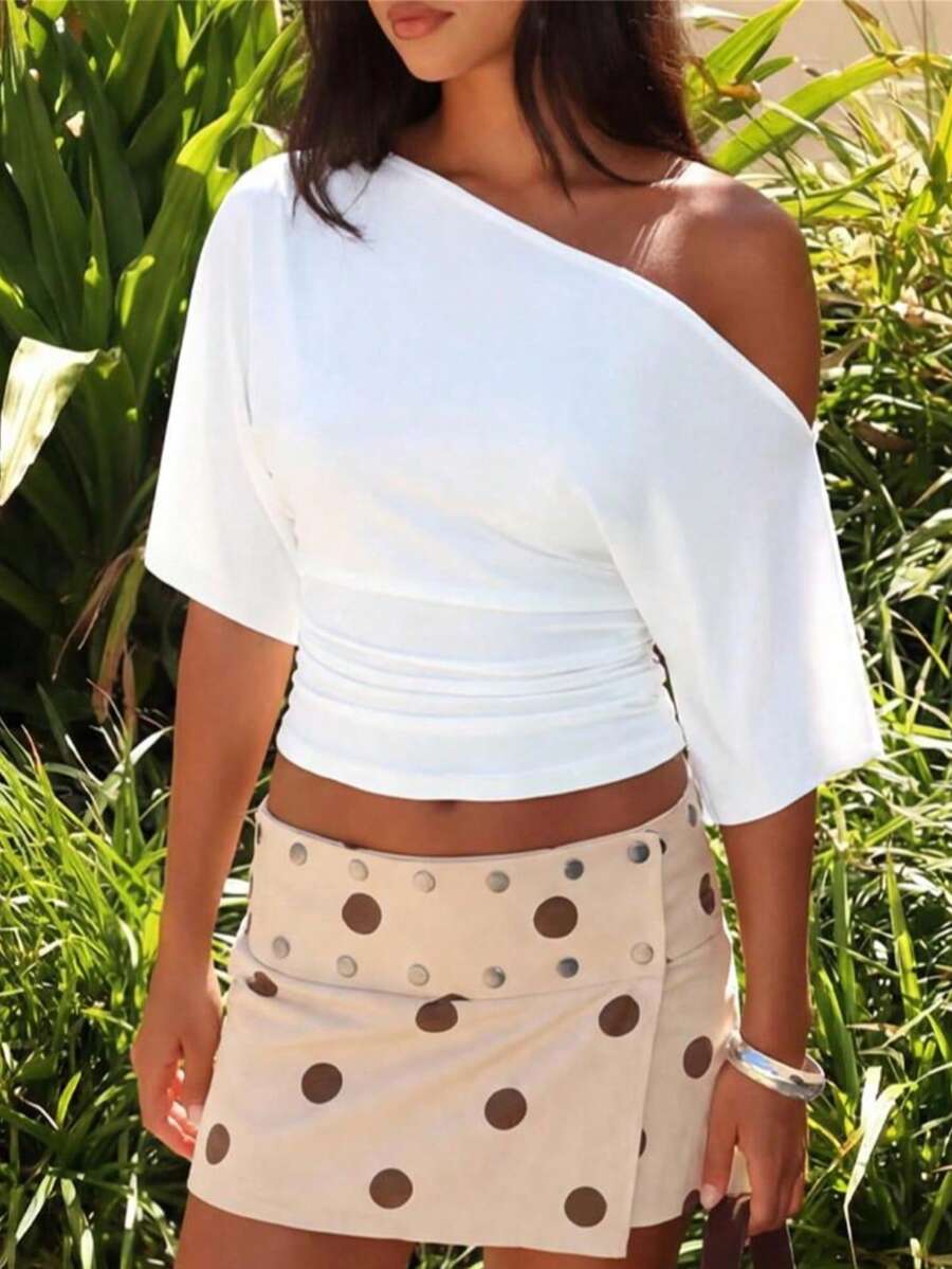 Women's Asymmetrical Neckline Short Sleeve Top Loose Batwing Sleeve White T-Shirt Casual Fashion Versatile New Style - White - View 1