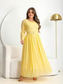 Long Tulle Dress, Plain Fabric, With Belt, For Weddings Or Holidays. - 奶油黃 - 查看 3