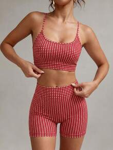 TCVC Setelan 2 Potong Wanita Motif Kotak-kotak Merah, Atasan Tank Crop Bergaris dengan Tali Bahu Tipis yang Dapat Diatur dan Bantalan yang Dapat Dilepas + Celana Olahraga Pinggang Tinggi Pengontrol Perut - Red and White - View 9