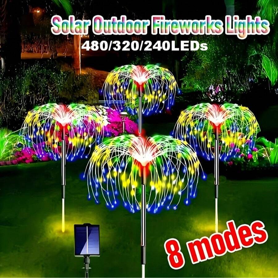 4 مجموعات 320 مصباح LED شمسي على شكل ألعاب نارية للديكور الخارجي، مصابيح حديقة شمسية، مع سلسلة 240 مصباح LED على شكل انفجار نجمي ب- 8 أوضاع، مناسبة للمراكز التجارية، العربات المتنقلة، التخييم، الزفاف، عيد الميلاد، حفلات الفناء الخلفي، ديكور الحديقة