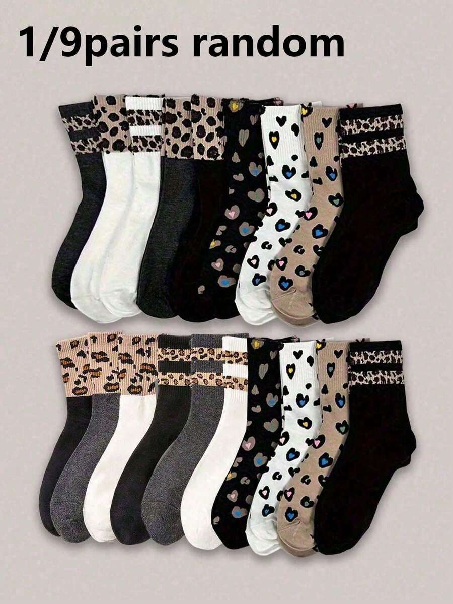 1/9 pares de meias femininas aleatórias com estampa de leopardo e coração, cano médio, estilo minimalista, casual, único, vintage, perfeito para o dia a dia. - Multicolorido - Ver 1