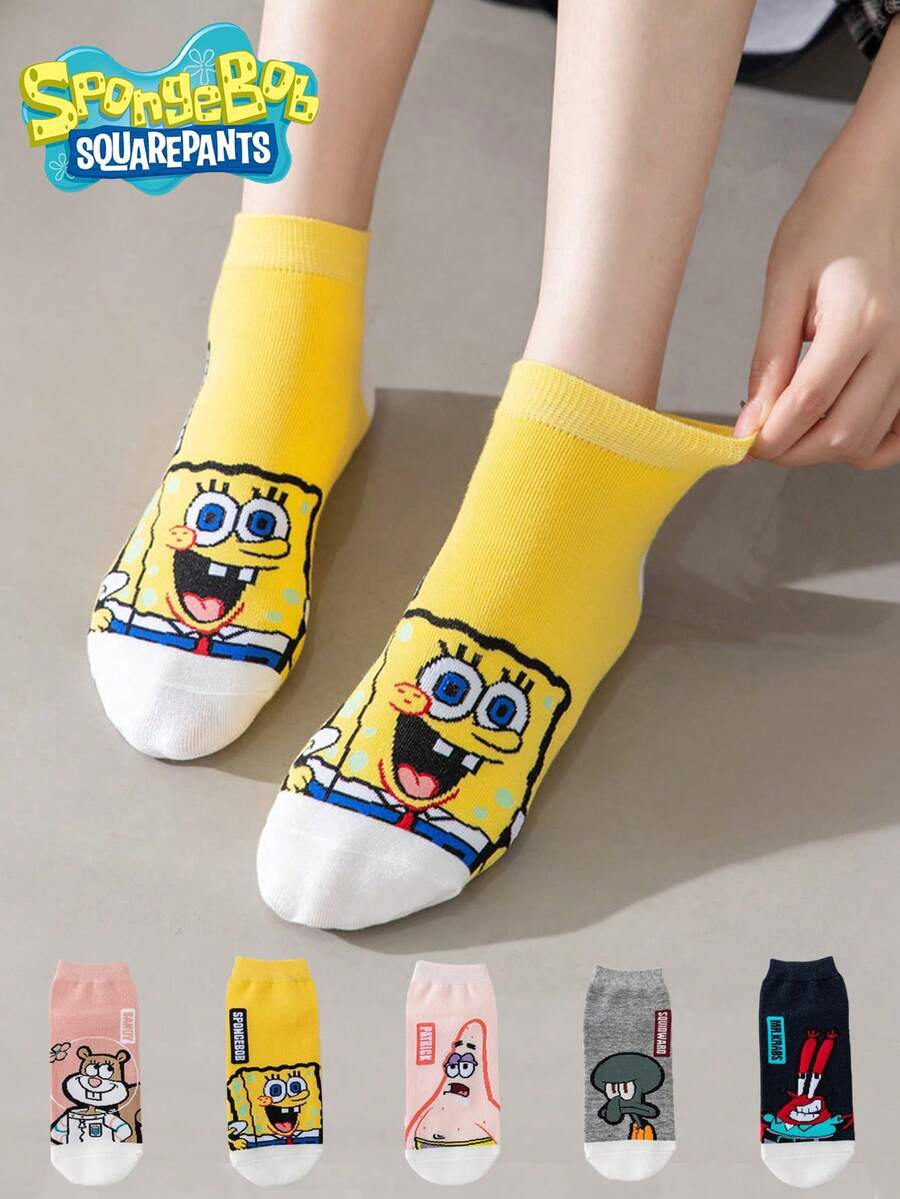 SpongeBob SquarePants 5 đôi tất cổ ngắn nữ, tất in hình hoạt hình phong cách thường ngày, thích hợp cho mùa xuân, hè, thu, phù hợp mặc hàng ngày, đi du lịch, đi học, tất cổ thấp. - Nhiều màu - Xem 1