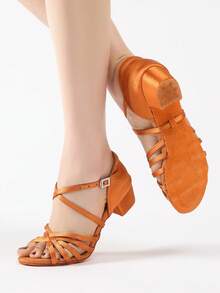 1 Pair Low Heel Girls' Latin Dance Shoes, Open Toe Non-Slip Soft Sole Dance Shoes, New Style Performance Competition Dance Shoes - Brown - View 2