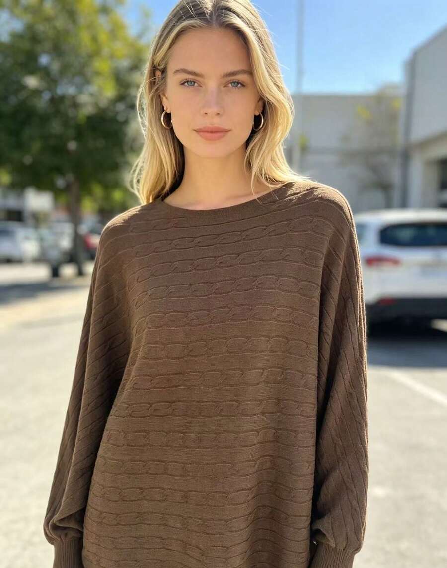Women's Oversized Cable Knit Long Sleeve Scoop Neck Sweater, Cozy Fall Pullover Knit Top, Medium Stretch Fabric - 棕色 - 查看 1