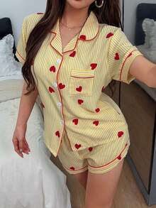 Dreamivo 2件組女款夏季愛心印花睡衣套裝，短袖鈕扣上衣與短褲，休閒舒適居家服 - 黃色 - 查看 5