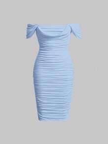 Ruched Off-The-Shoulder Fitted Dress - Celeste - View 1