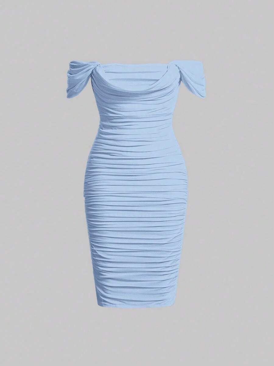 Ruched Off-The-Shoulder Fitted Dress - Celeste - View 1