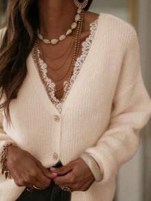 Women's Itchy Fabric Need Match Inner Top V-Neck Rhinestone Button Knit Cardigan Back To School Loose Open Front Sweater For Daily Fall Winter Wear - White - View 3