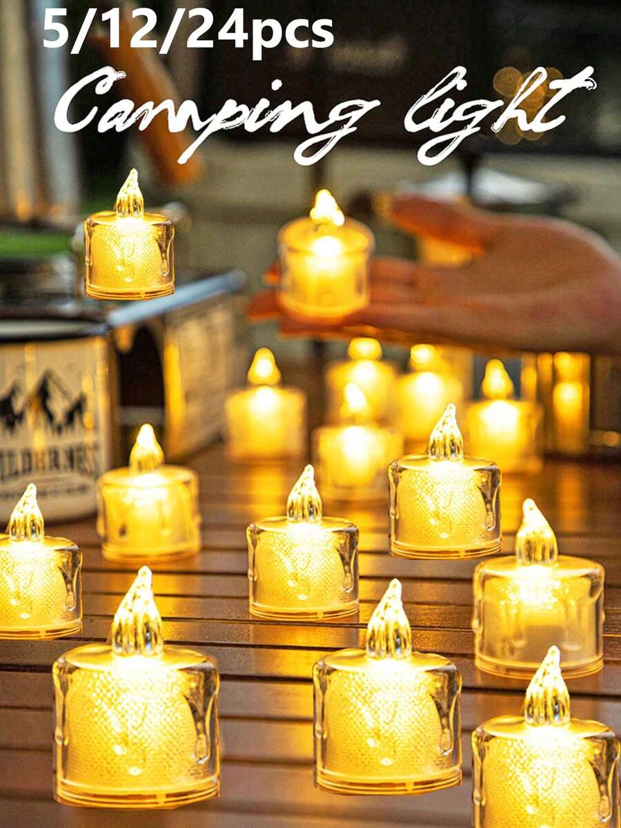 5/12/24pcs Acrylic Crystal Drip Pattern LED Electronic Candle Lights (With Batteries), Rose Pattern Projection Tea Candle Lights, Simulated Flameless Candle Lights, Suitable For Weddings, Valentine's Day, Holidays, Home Decor, Dining Table Decor - Warm Light - View 1