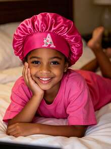 1pc Toddler Satin Hair Bonnet, Hair Protection, 3-8 Years Old Girls Sleep Cap, Floral & Letter Design, Adjustable Night Cap - Hot Pink - View 3
