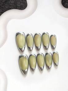 10件組前衛金屬感穿戴式美甲片，凝膠質感表面，大膽綠色設計，附美甲工具，3種尺寸可選：杏仁形/鴨嘴形/棺材形，適合派對、跳舞、日常配戴 - 彩色 - 查看 12