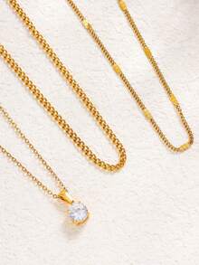 1 Set 3pcs French Minimalist Luxury Stainless Steel Gold Pendant Necklace Set, Suitable For Women's Daily Commute, Party, Gathering, Versatile Layering Accessory - Gold - View 6