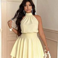 xuehuamaoyi02 Vionelle Vestido elegante con cuello halter, sin mangas, cintura con lazo y dobladillo con doble volante para tallas grandes - Marrón - Ver 6