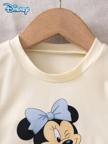 Disney 女嬰T恤套裝，夏季迪士尼溫柔甜美風，彈性修身圓領奶油白底藍色蝴蝶結米妮印花T恤 + 搭配奶油白米妮滿版印花短褲，2件套，休閒日常、旅行、度假、派對，適合3歲以下女童 - 杏色 - 查看 4