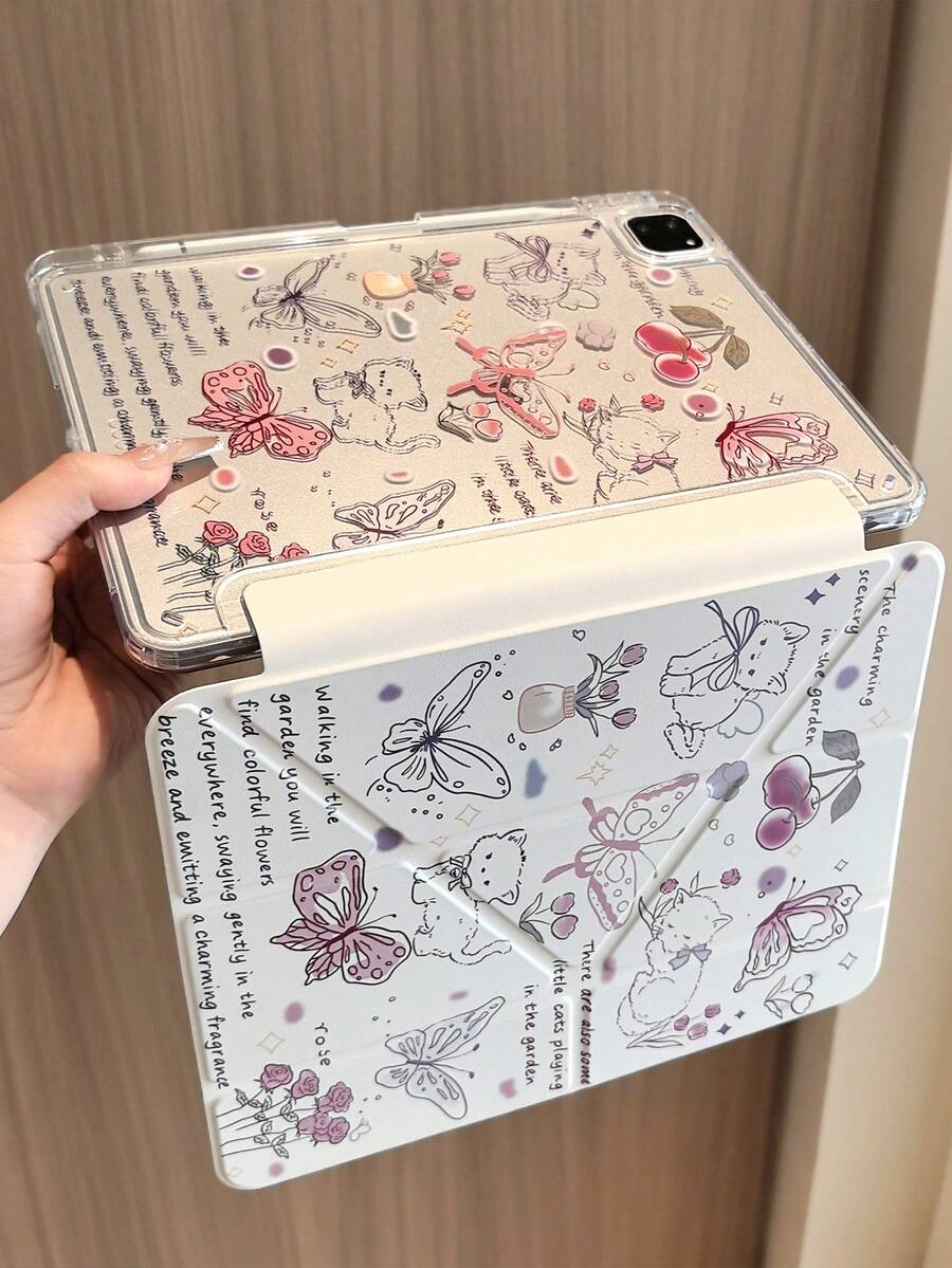 Cute Cat Butterfly Print Protective Case, Transparent Acrylic Back Cover With Pencil Holder, Auto Sleep/Wake Multi-Angle Stand Compatible With IPad 7/8/9/10/Air/Pro - Multicolor - View 1