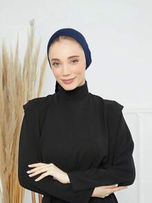 1件純色女款中東阿拉伯經典時尚優雅休閒百搭緞帶希賈布帽 寬簷彎曲頭巾帽 適合日常戶外穿著 - 藏蓝色 - 查看 5