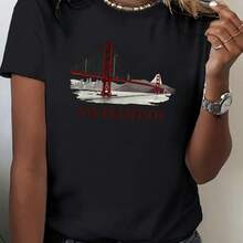Teediy Women's T-Shirt With San Francisco Bridge And City Skyline Design, Solid Color, Comfortable And Fitted - 黑 - 查看 2