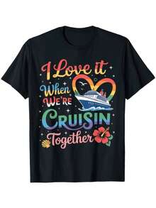 Camiseta de Pareja para Crucero para Hombre - Estampado "Me encanta cuando estamos de crucero", Camiseta Ultra Suave y Transpirable Adecuada para Vacaciones en Crucero y Uso Casual, Conjunto - negro - Ver 1
