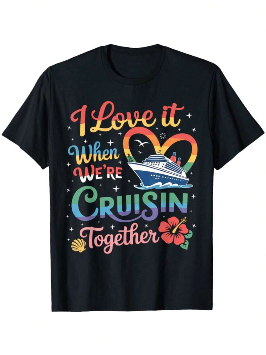 Camiseta de Pareja para Crucero para Hombre - Estampado "Me encanta cuando estamos de crucero", Camiseta Ultra Suave y Transpirable Adecuada para Vacaciones en Crucero y Uso Casual, Conjunto - negro - Ver 1