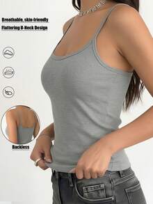 1pc BASICS Women's Casual Minimalist U-Neck Ribbed Tank Top, Fitted Sleeveless Solid Color Top, Comfortable All Day - Grey - View 2