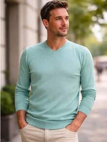 Men's Cold Weather Blouse | Men's Knitted Sweater | Winter Knitted Wool Pullover Long Sleeve V-Neck - 薄荷綠 - 查看 1