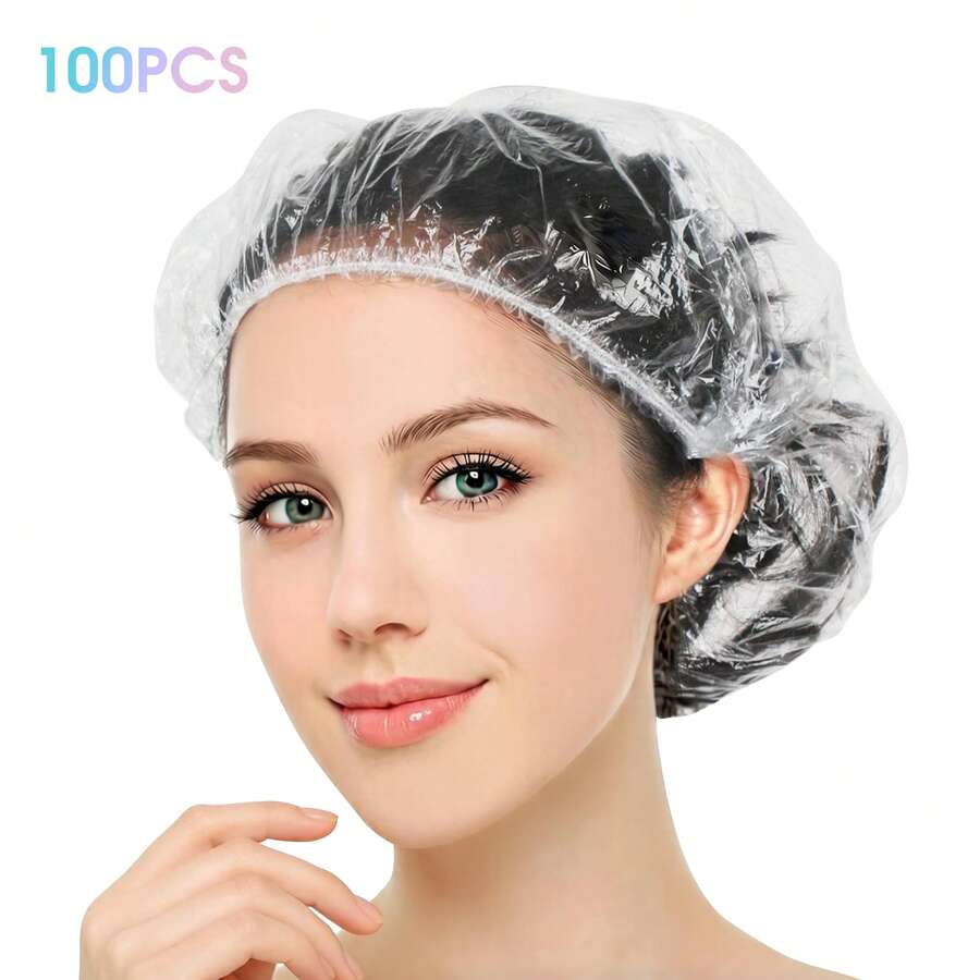 100pcs Disposable Shower Caps, Unisex, Plastic Waterproof Durable, Transparent Large Size Plastic Hair Caps, Suitable For Deep Conditioning, Hair Care, Travel Essential Accessories