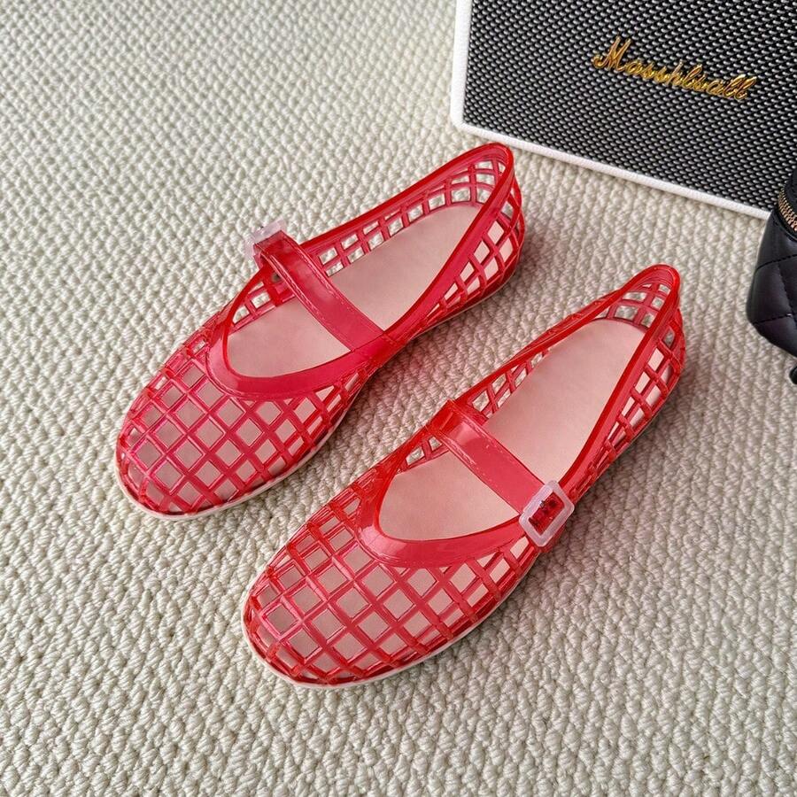 Summer Flat Crystal Sandals New One-Piece Mary Jane Sandals Comfortable Hollow Plastic Jelly Single Shoes - 紅色 - 查看 1