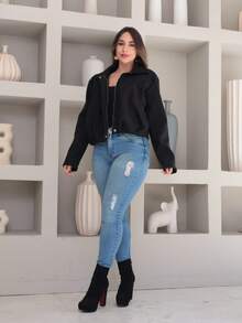 Vitoria Casaco feminina la batida jaqueta com ziper manga longo outono inverno - Preto - Visão 3
