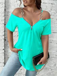Women's Plus Size Plain Off-Shoulder Top - 橘色 - 查看 4