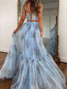 Lightweight Printed Chiffon Set With Elegant Laces, Very Popular Style - 淺藍色 - 查看 3