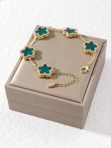 Single Five-Leaf Clover Multicolor Rhinestone Inlaid Fashionable Elegant Premium Women's Bracelet (No Packaging Box) - Green Stripes - View 7