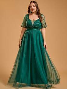 Plus Size Women's Elegant 45+ Contrast Mesh Applique Sequin Evening Gown Wedding Party - Dark Green - View 3