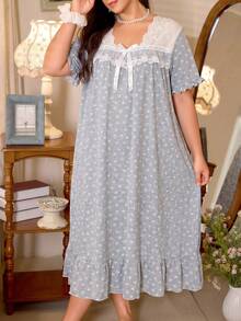 Camisón de encaje con estampado de lazo gris estilo vintage francés para mujer de talla grande, mangas cortas abullonadas + diseño de puño con volantes, encaje de contraste, suave y dulce - Gris Claro - Ver 2