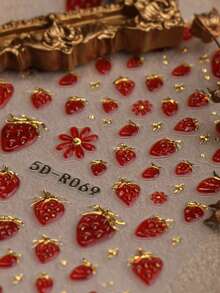 QIANJIKU 2入 Jelly Craft 紅色 & 金色金屬感草莓櫻桃美甲貼紙 - 5D 3D 浮雕蝴蝶結 & 珍珠貼飾 - 春季/夏季/情人節/婚禮季節/音樂節 DIY 美甲配件 節日禮物 - 彩色 - 查看 5