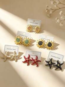 2/12/18pcs French Elegant Charming Enamel Bead Earrings, Black & Gold Stainless Steel Earring Set, Includes Sparkling Sun Earrings And Geometric Starfish Earrings. Colorful Series Oil Drop Earrings. Elegant Earrings, Suitable For Daily Wear, Party/Daily/Beach Accessories, Anniversary, Valentine's Day, Bohemian Style Jewelry, Ideal Gift For Valentine's Day - Oil Dripping Kit - View 5