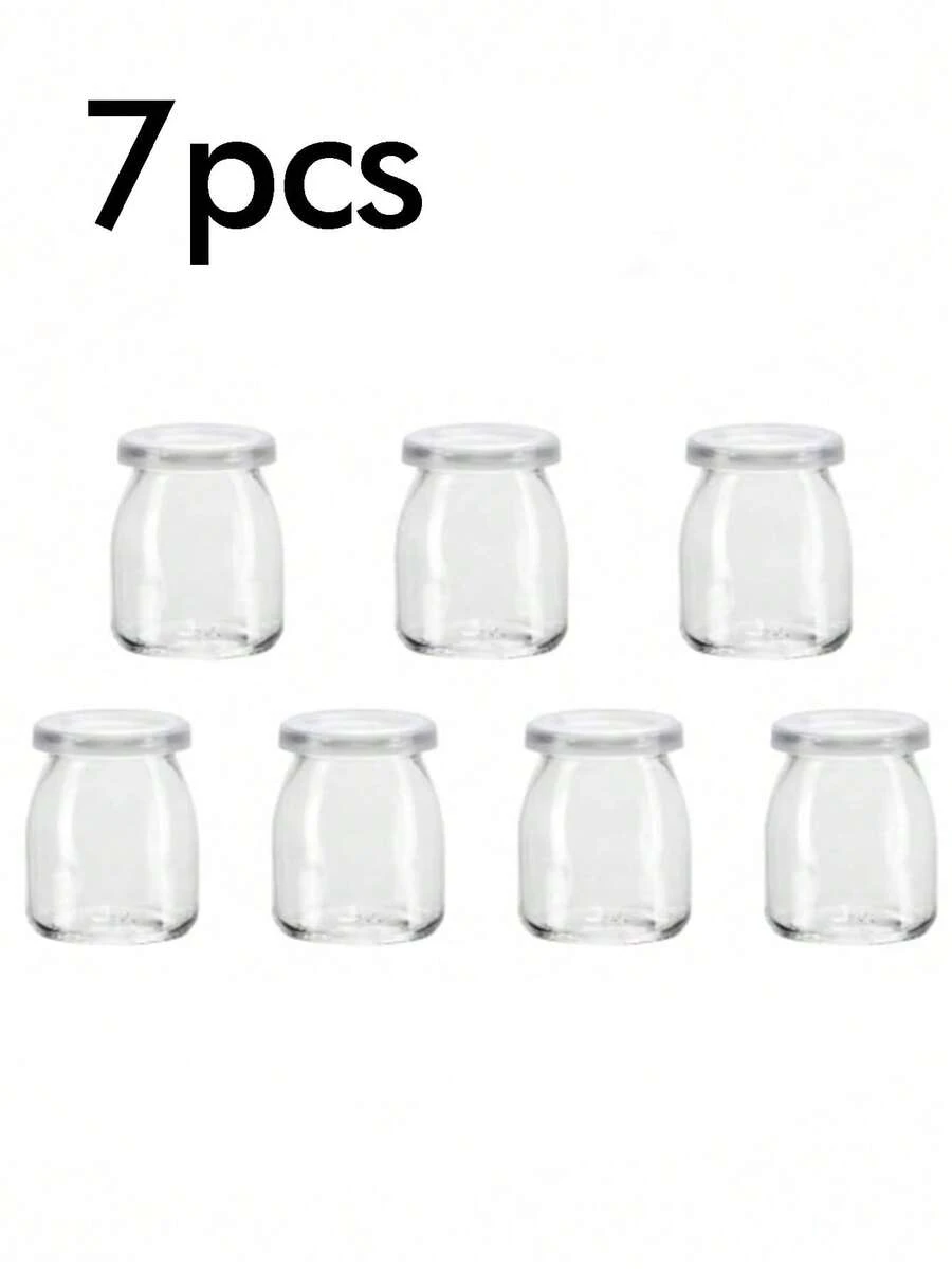 7 piezas Frascos de vidrio transparente reutilizables con tapas de PE, contenedores de almacenamiento redondos con tapa abatible, perfectos para la organización de la cocina, adecuados para la cocina del hogar y la preparación de comidas - transparente - Ver 1