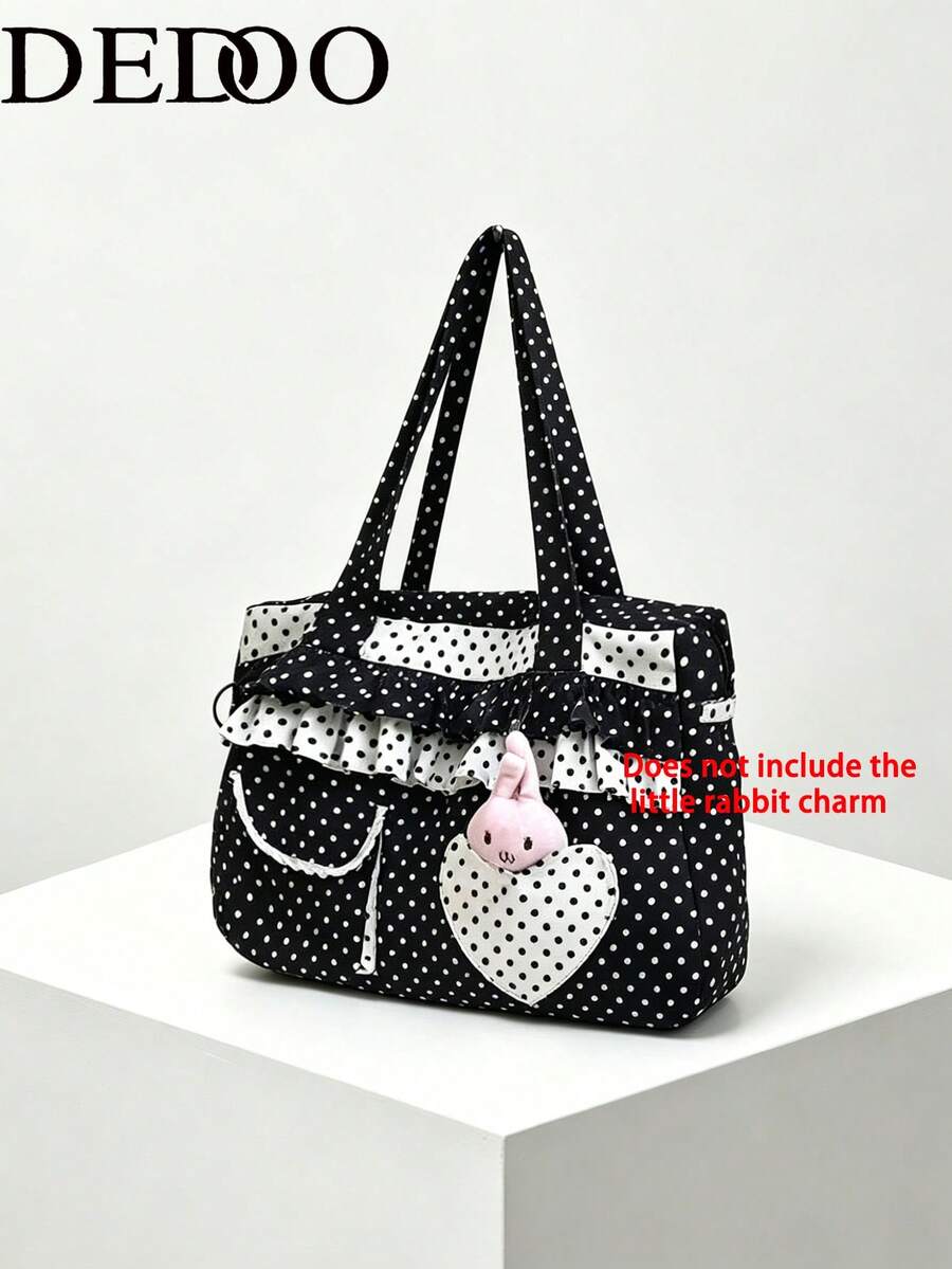 Canvas Tote Bag With BlackWhite Dot & Heart Pattern, Capacity And Color-Blocked Design Ideal For College Students, Style Student Shoulder Bag