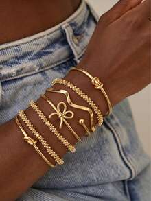 6pcs/Set Metal Bohemian Punk Stackable Bracelet Set For Women, Party, Hip Hop, Vacation, Hand Jewelry - Yellow Gold - View 1