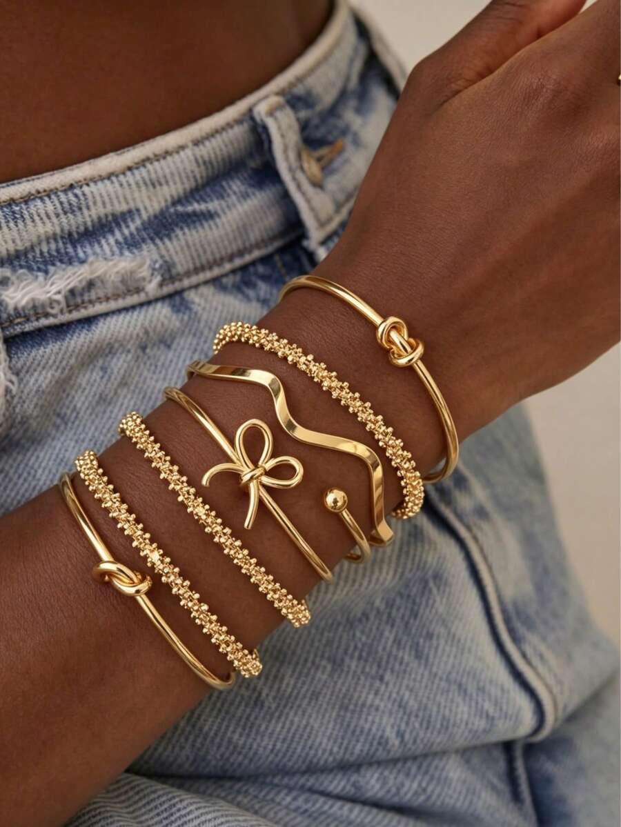 6pcs/Set Metal Bohemian Punk Stackable Bracelet Set For Women, Party, Hip Hop, Vacation, Hand Jewelry - Yellow Gold - View 1