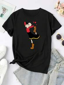 Camiseta de manga corta para mujer con un gráfico de dibujos animados a la moda y cuello redondo - Negro - Ver 2