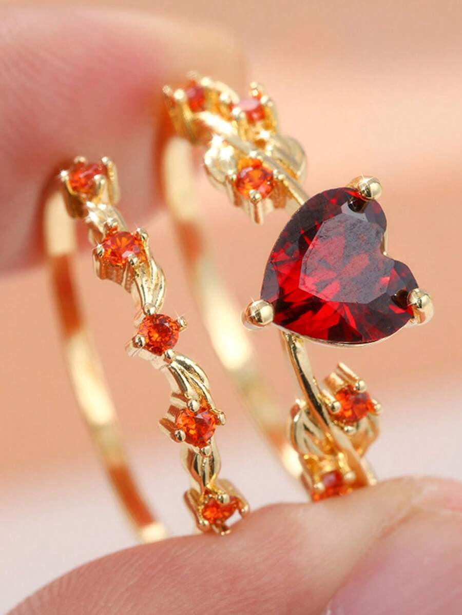 Women's Heart-Shaped 2 Pieces Ring Set, Thick Fashion Accessory - Red - View 1