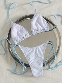 女士夏季服装，白色和蓝色波点印花性感比基尼套装，采用高弹面料制成，适合度假沙滩穿着 - 彩色 - 查看 5