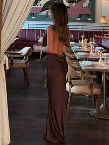 New Halter Evening Dress Deep V Neck Lace-Up - 棕色 - 查看 5