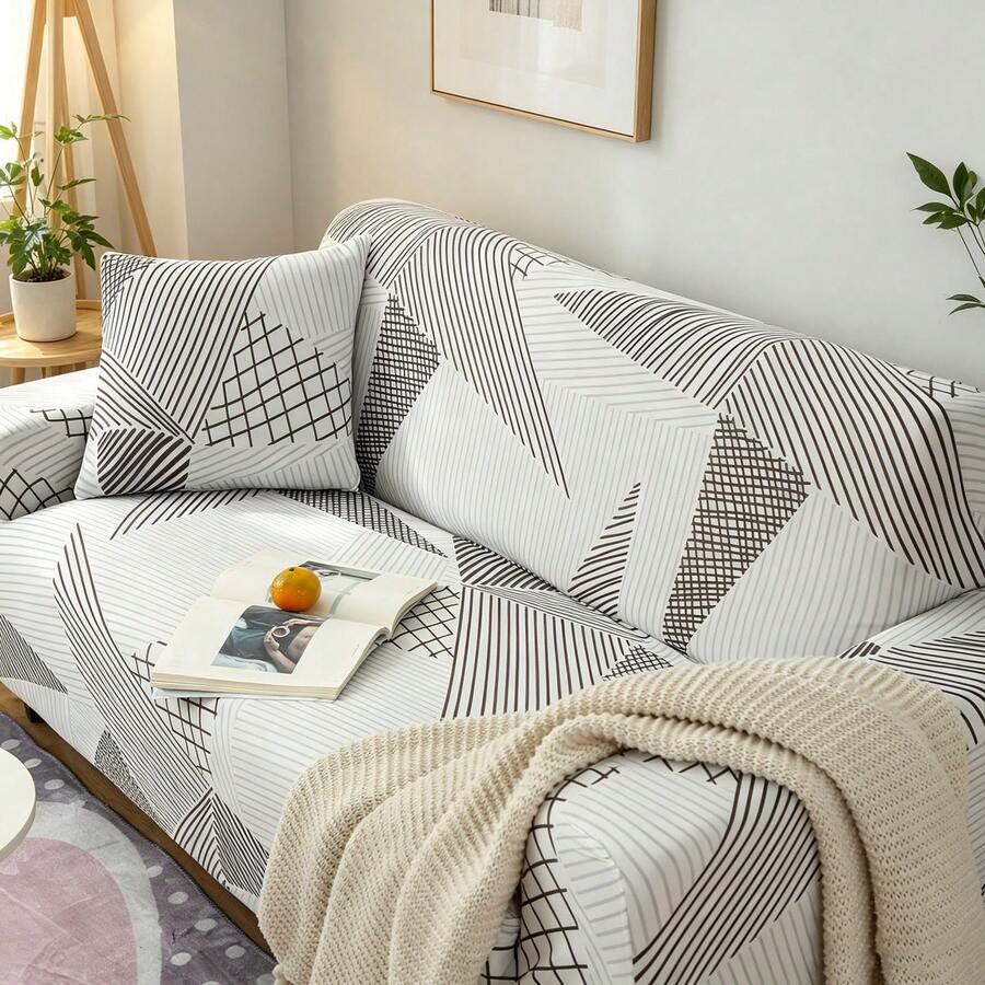 1pc Geometric Pattern Elastic Full Coverage Sofa Cover With 1pc Pillowcase, Modern Style Polyester Fabric, Machine Washable, All Seasons